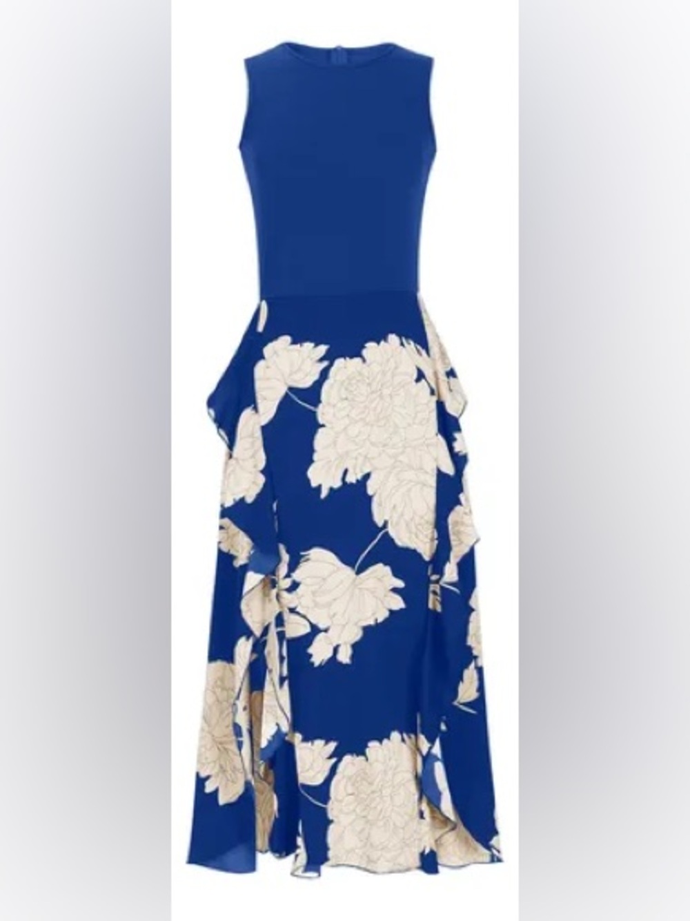BTFBM Royal Blue Floral Midi Dress Sleeveless Ruffle Hem Fit & Flare Size S